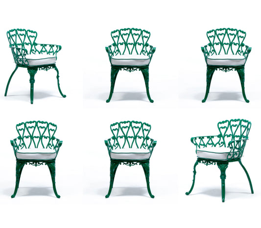 Set of 6 Hollywood Regency Neo Baroque Patio Dining Chairs in Jade Green c. 1960