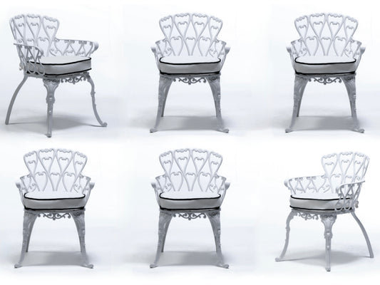 Set of 6 Hollywood Regency Neo Baroque White Patio Dining Arm Chairs c. 1960