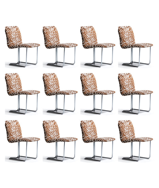 Set of 12 Design Institute of America Chrome Dining Chairs in Ivory Tiger Velvet