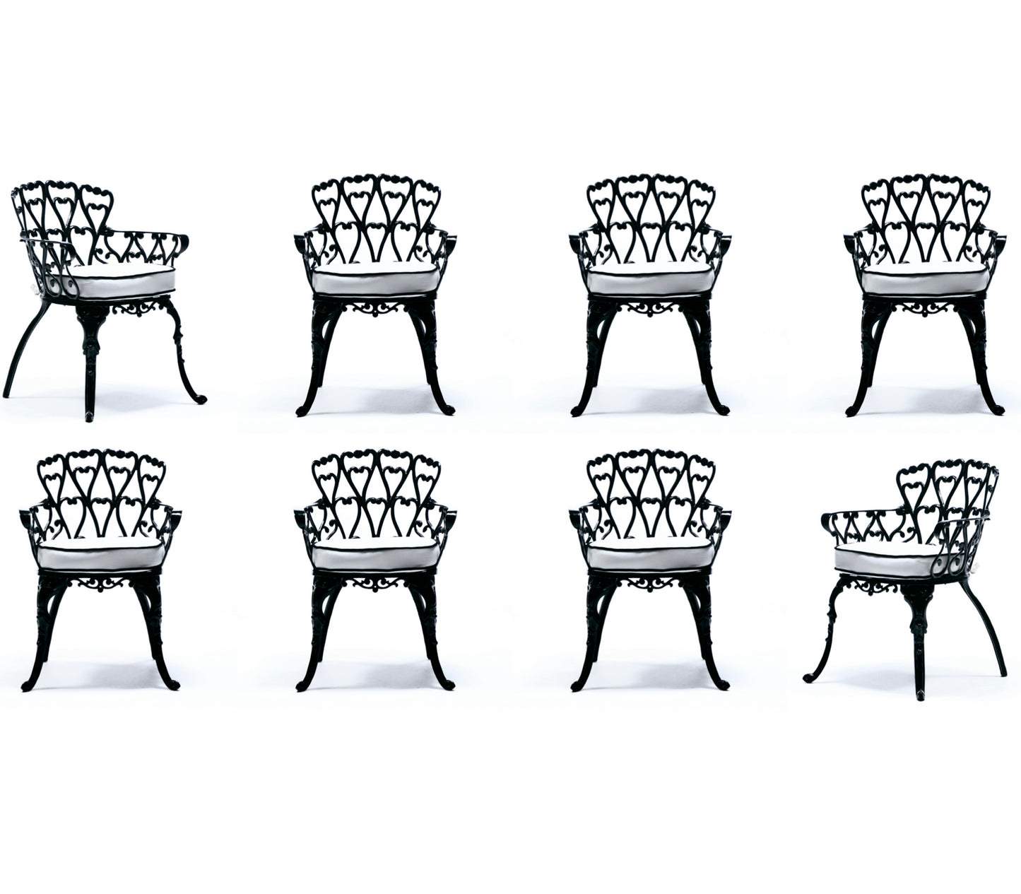 Set of 8 Hollywood Regency Neo Baroque Black Patio Dining Arm Chairs c. 1960