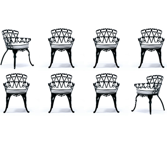 Set of 8 Hollywood Regency Neo Baroque Black Patio Dining Arm Chairs c. 1960
