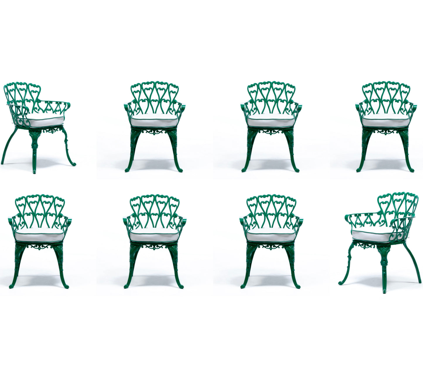 Set of 8 Hollywood Regency Neo Baroque Patio Dining Chairs in Jade Green c. 1960