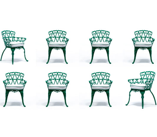 Set of 8 Hollywood Regency Neo Baroque Patio Dining Chairs in Jade Green c. 1960