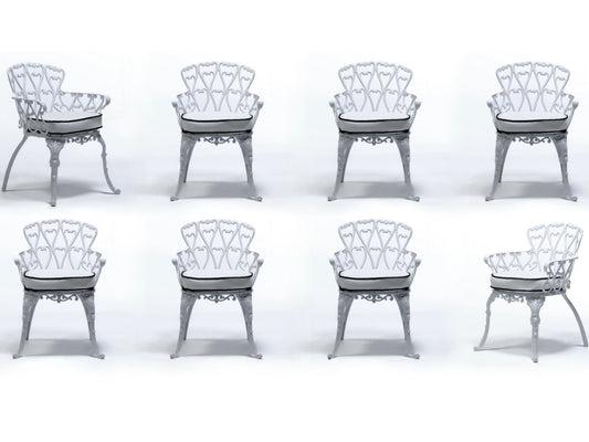 Set of 8 Hollywood Regency Neo Baroque White Patio Dining Arm Chairs c. 1960