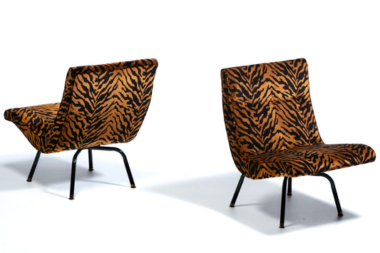 Swiveling Mid Century Modern Scoop Chairs Newly Upholstered in Tiger Velvet