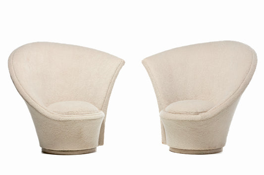 Vladimir Kagan Sculptural High Back Swivel Chairs in Textured Ivory Fabric