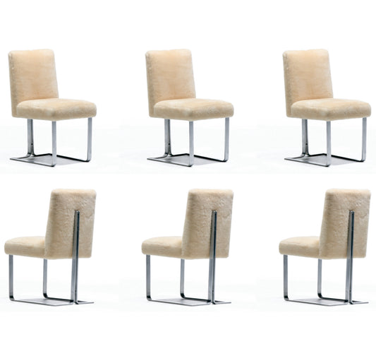 Vladimir Kagan Set of 6 Brushed Aluminum Dining Chairs in New Beige Shearling