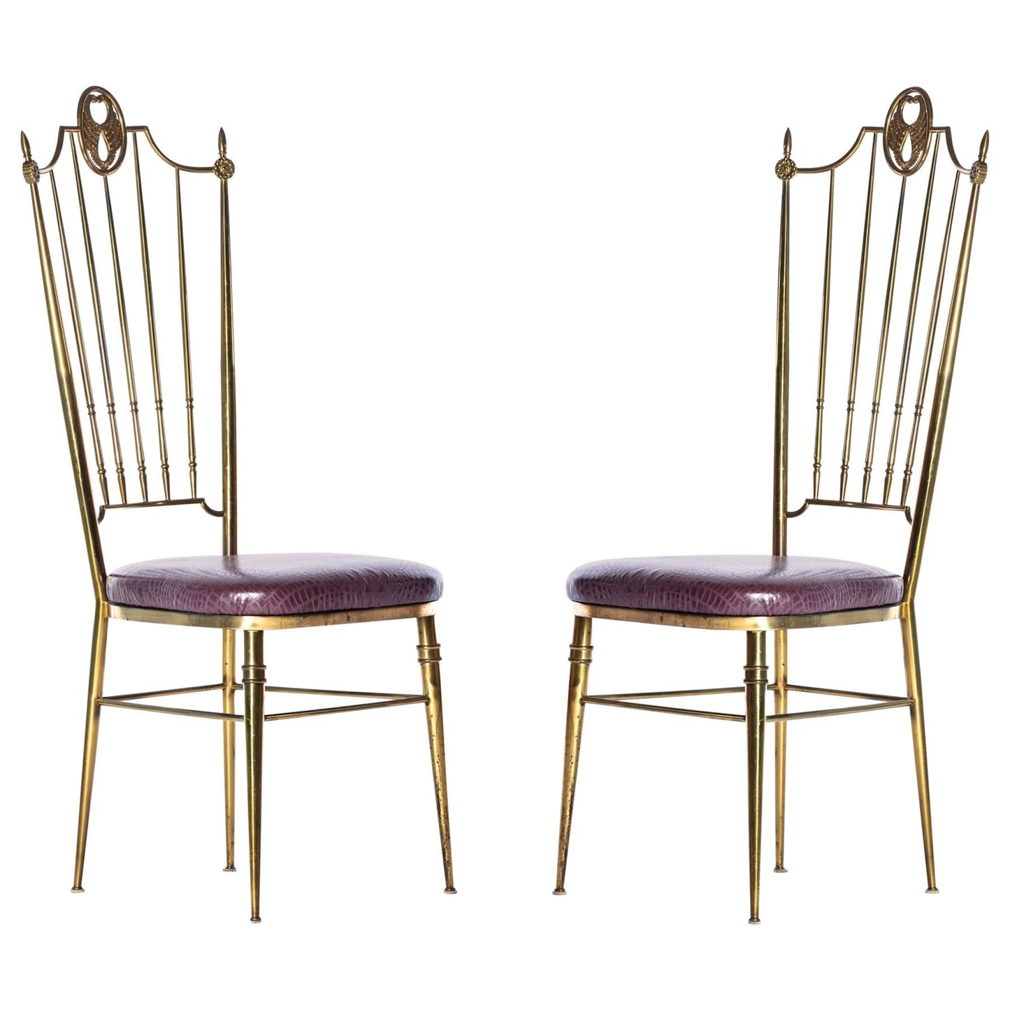 Pair of Italian Brass Chiavari Side Chairs with Aubergine Crocodile Leather