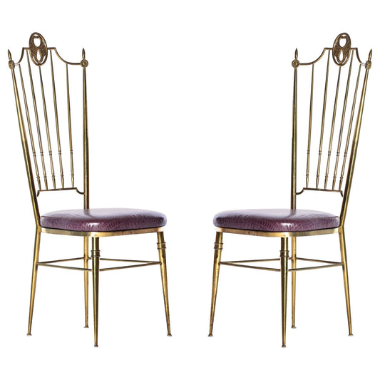 Pair of Italian Brass Chiavari Side Chairs with Aubergine Crocodile Leather