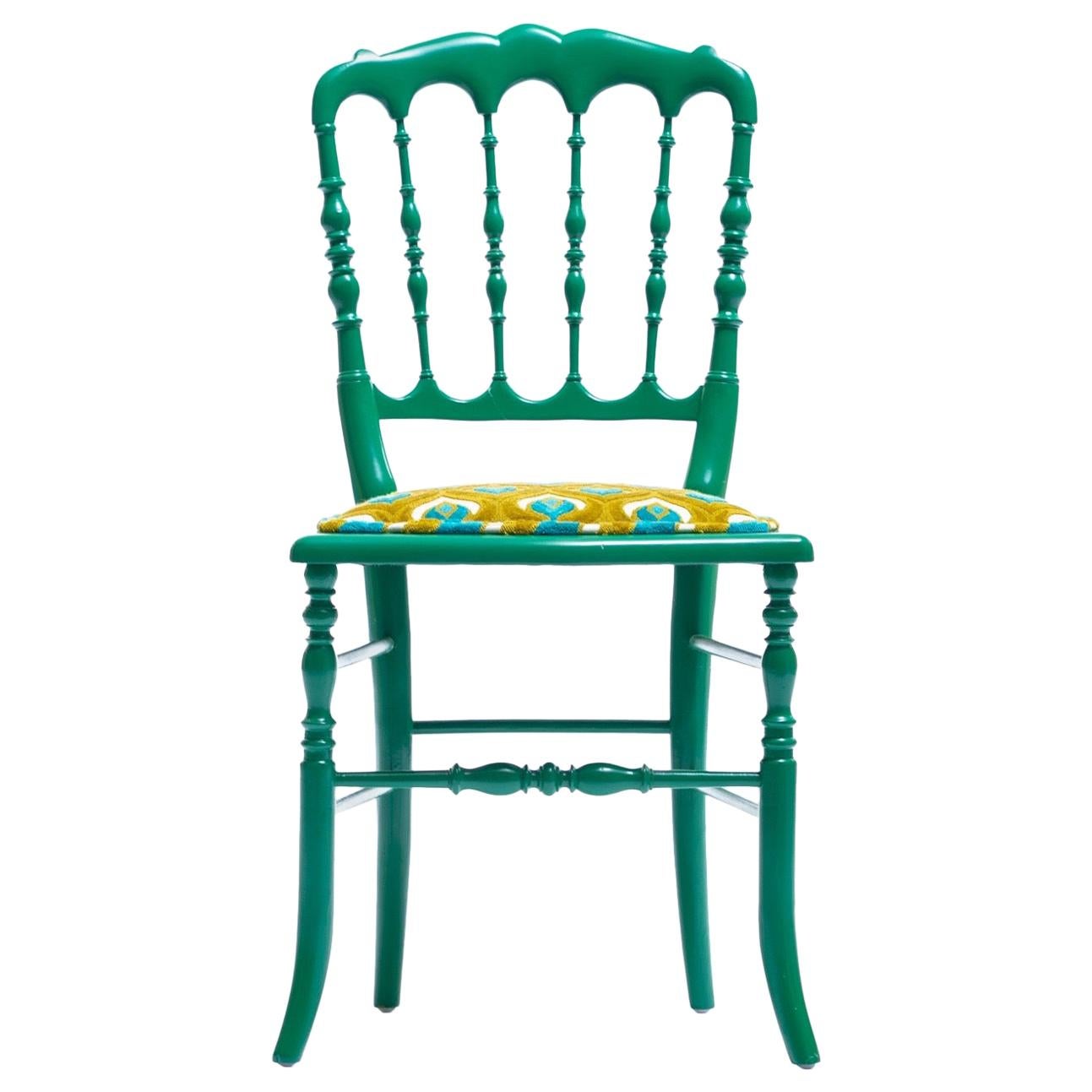 Green Lacquered Chiavari Side Chair with Peacock Feathers in Cut Velvet