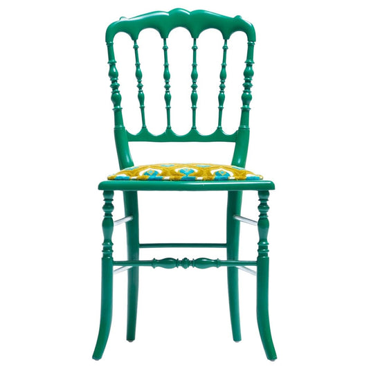 Green Lacquered Chiavari Side Chair with Peacock Feathers in Cut Velvet