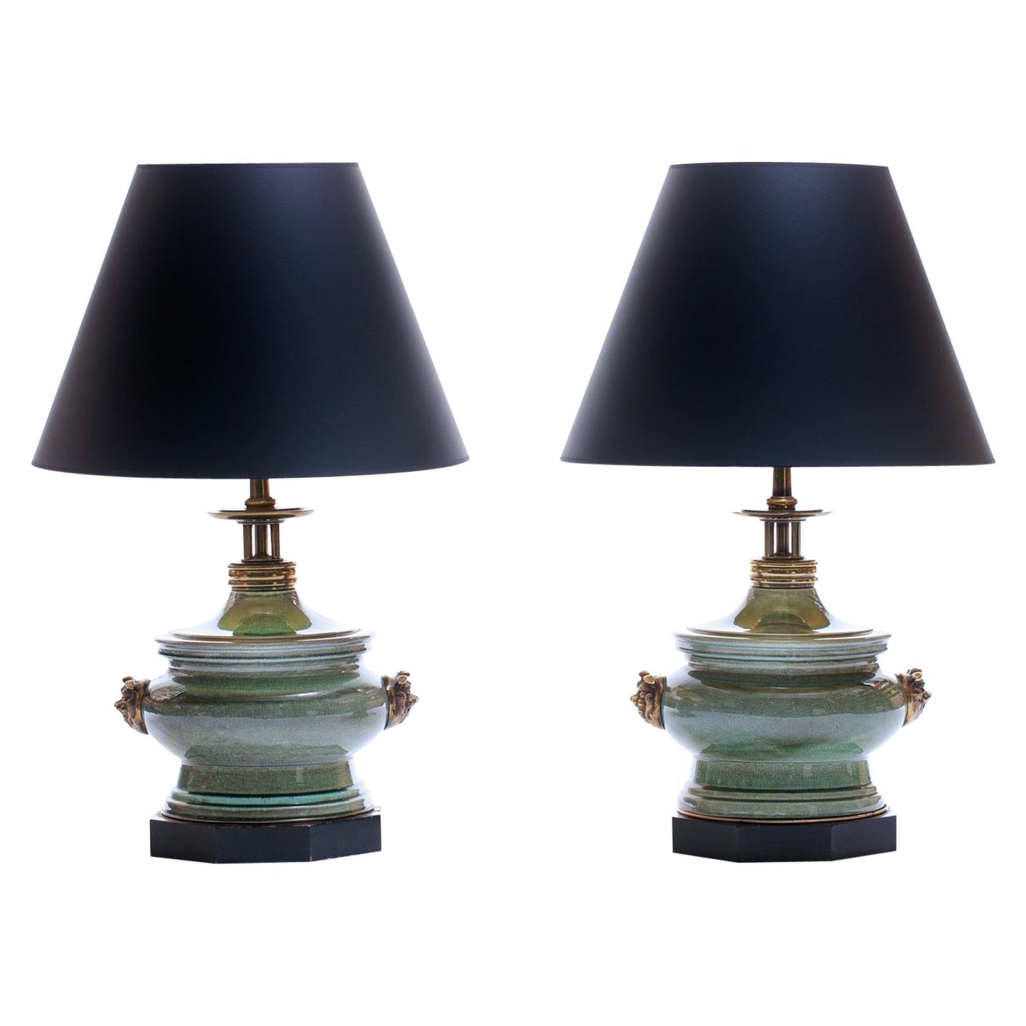 Stiffel Large Chinoiserie Ceramic and Brass Dragon / Foo Dog Lamps by Edwin Cole