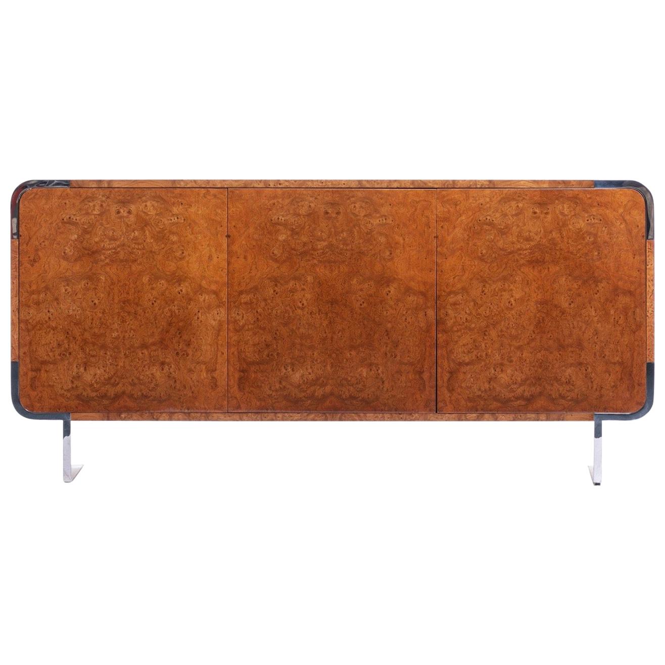 Pace Burl Wood and Chrome Credenza by Leon Rosen, circa 1974