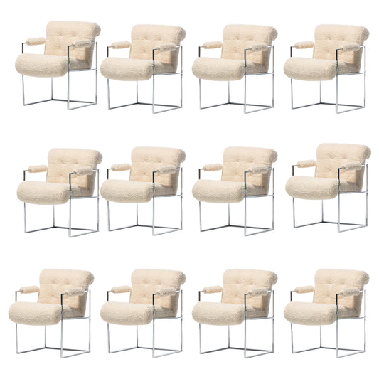 Milo Baughman Set of 12 Chrome Dining Chairs in Ivory Bouclé, circa 1975