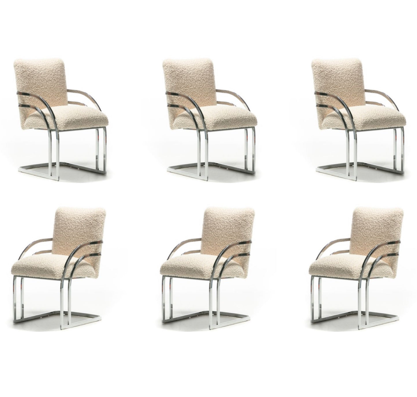 Set of Six Milo Baughman Style Chrome Dining Chairs in Ivory White Bouclé