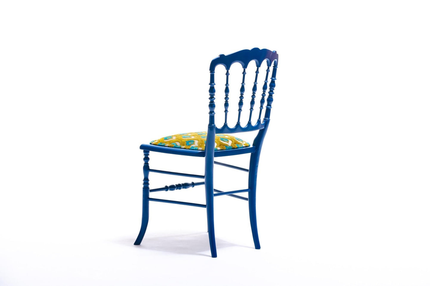 Blue Lacquered Chiavari Side Chair with Peacock Feathers in Cut Velvet