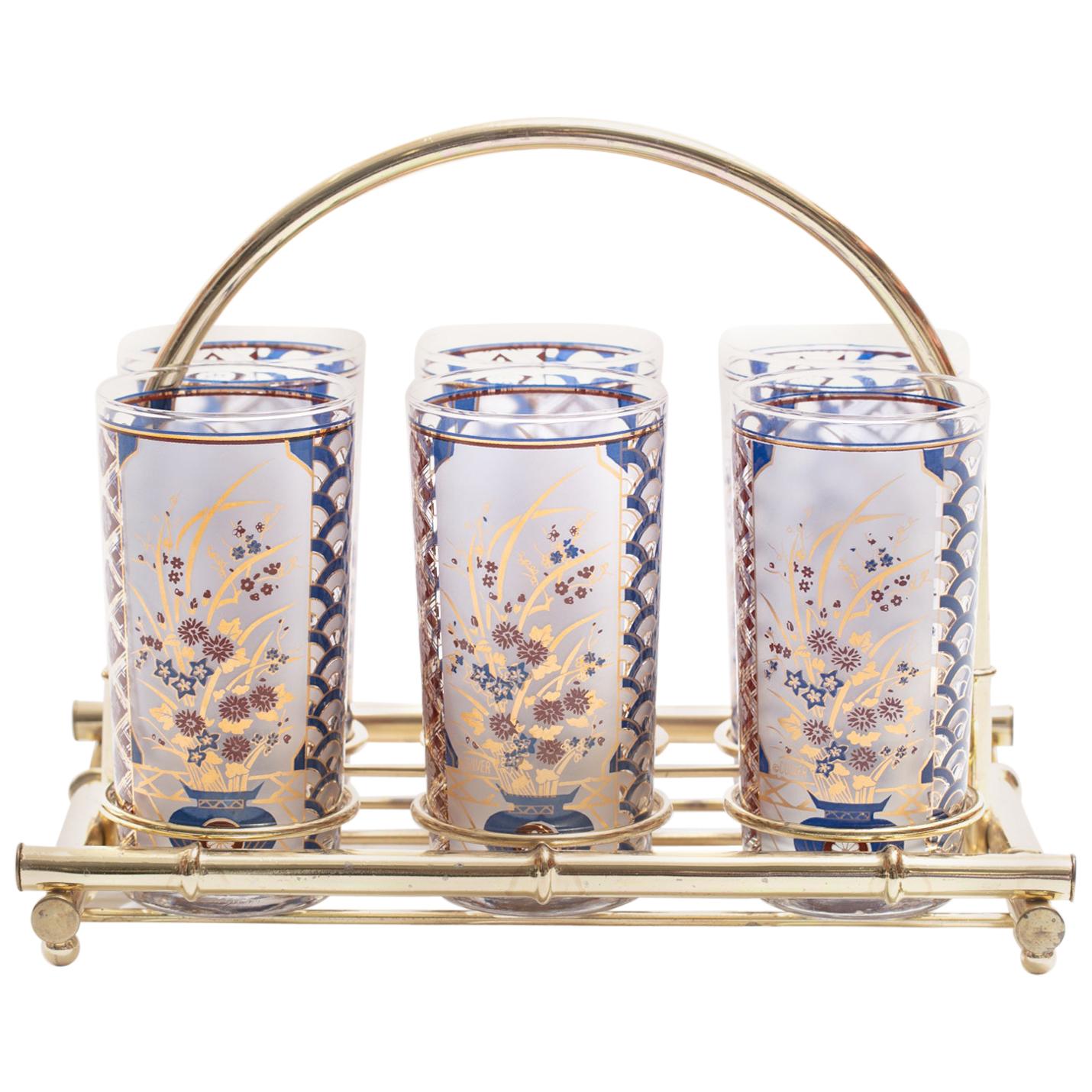 22-Karat Gold Chinoiserie Themed Tumbler Glasses & Brass Bamboo Caddy c. 1960s