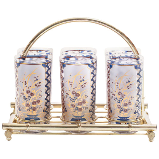 22-Karat Gold Chinoiserie Themed Tumbler Glasses & Brass Bamboo Caddy c. 1960s