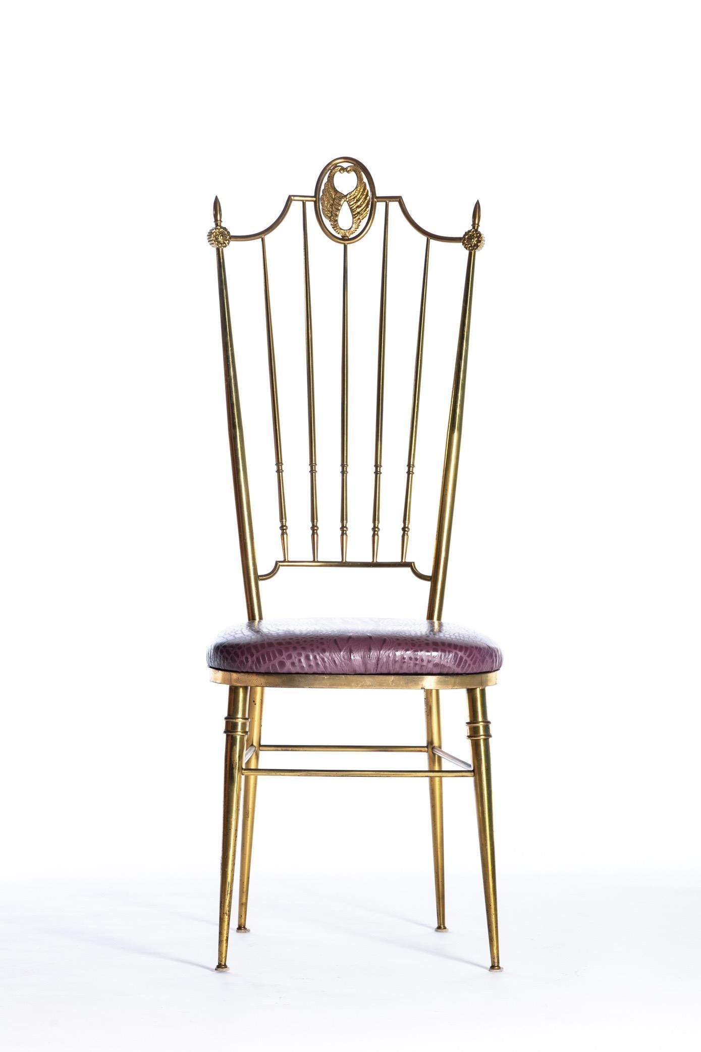 Pair of Italian Brass Chiavari Side Chairs with Aubergine Crocodile Leather