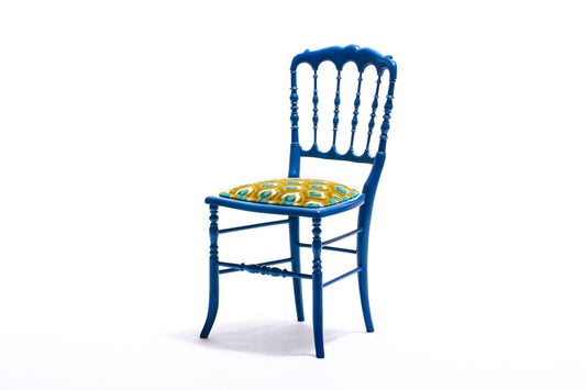 Blue Lacquered Chiavari Side Chair with Peacock Feathers in Cut Velvet