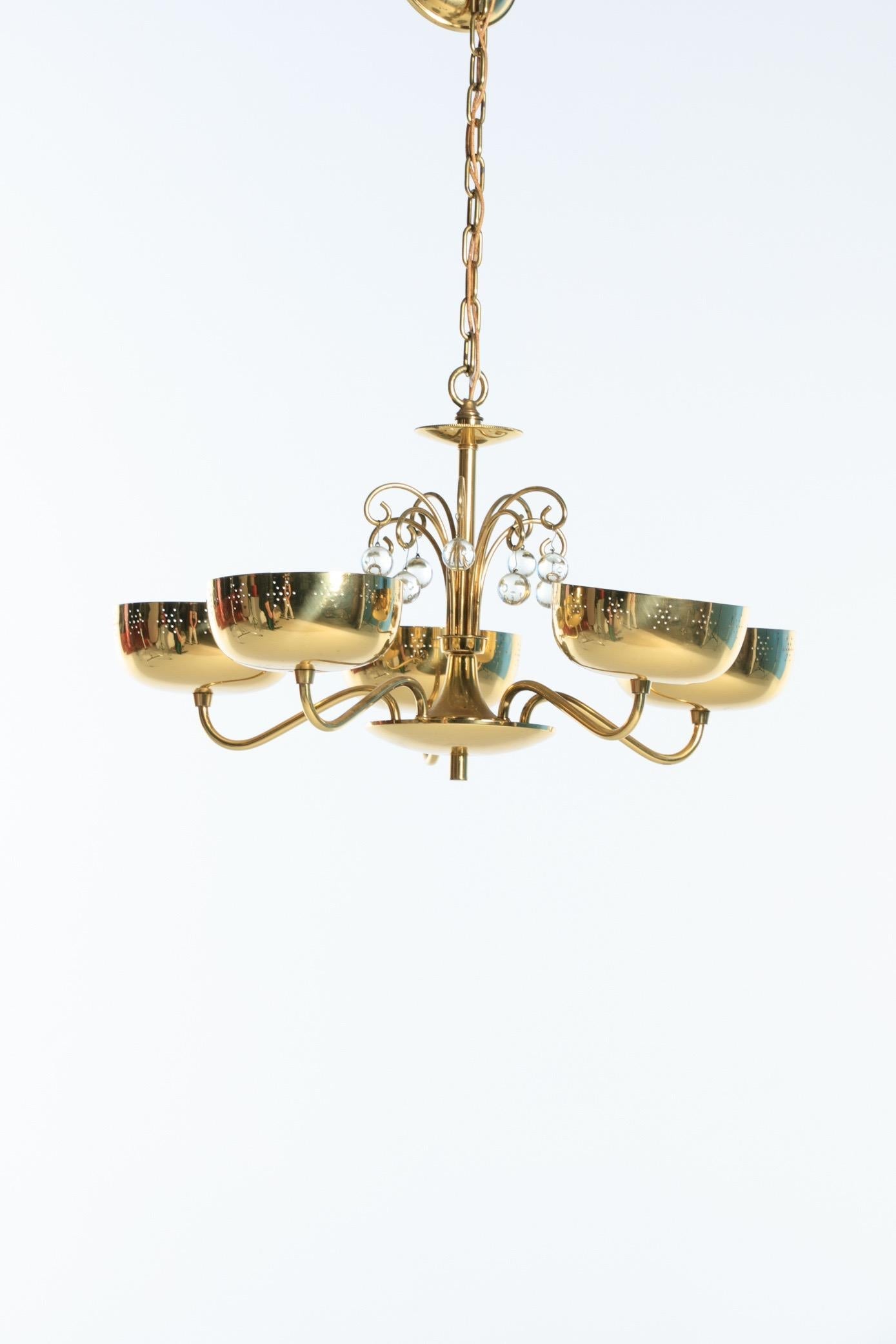 Brass and Crystal Chandelier in the Style of Paavo Tynell