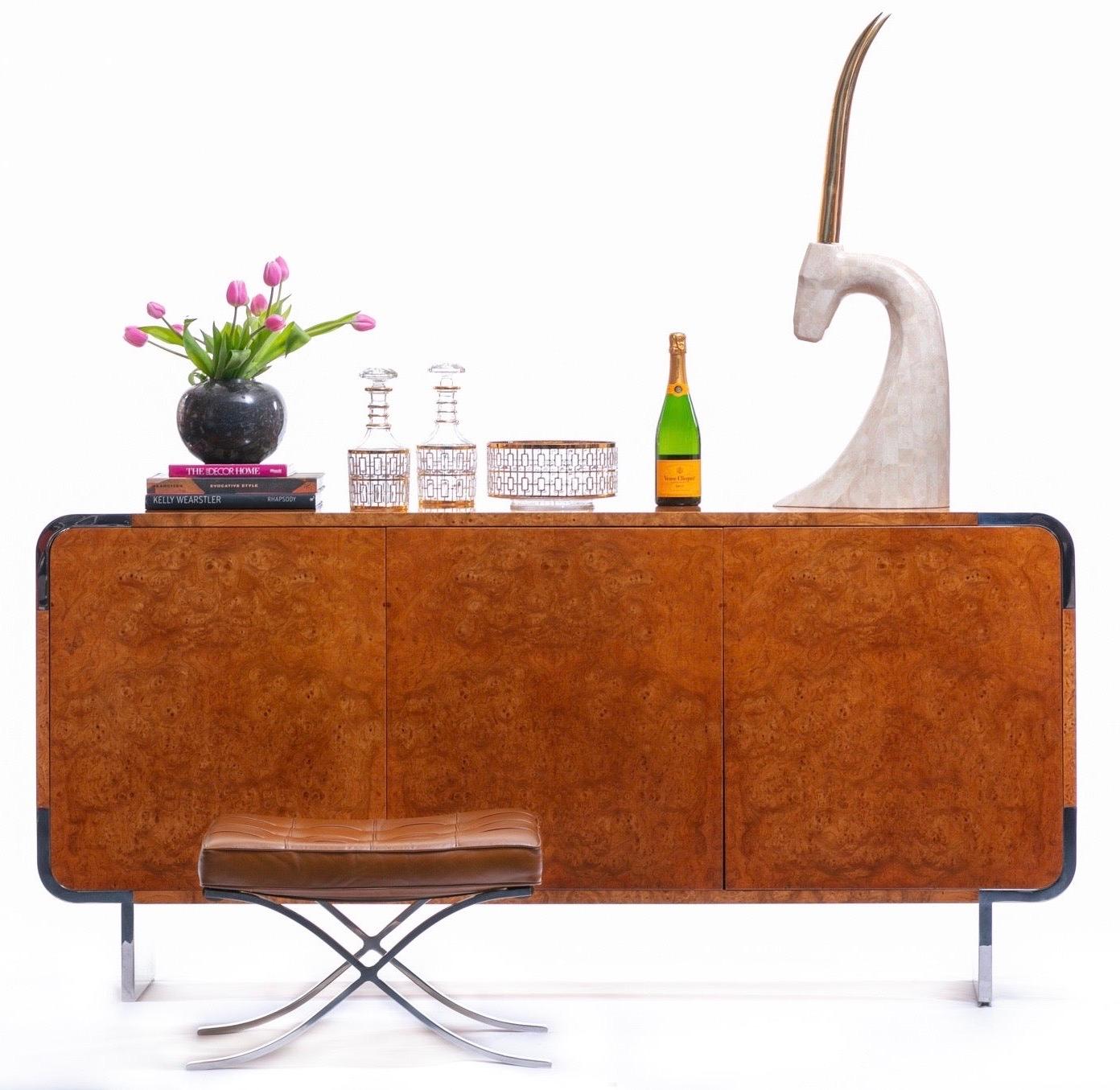Pace Burl Wood and Chrome Credenza by Leon Rosen, circa 1974