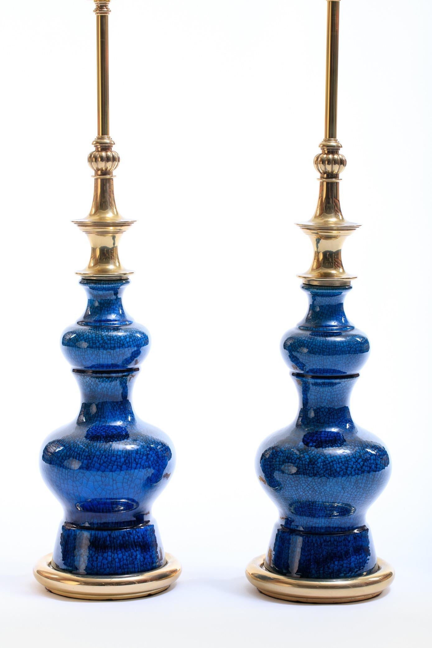 Pair of 1960s Blue Ceramic and Brass Stiffel Lamps in Asian Modern Style
