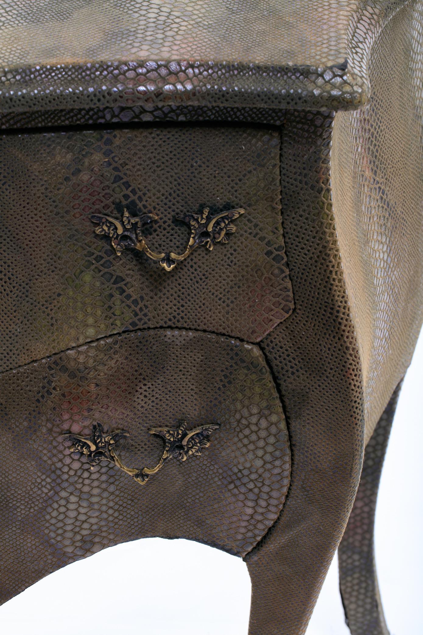 Louis XV Style Bombé Commode Wrapped in Olive Green Faux Snakeskin