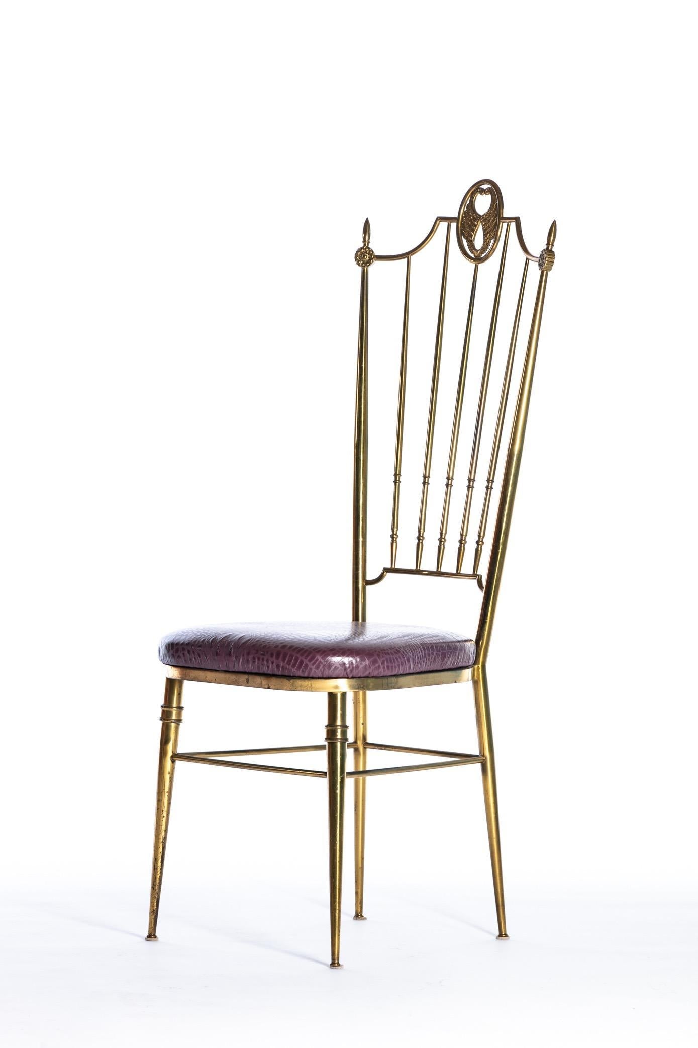 Pair of Italian Brass Chiavari Side Chairs with Aubergine Crocodile Leather