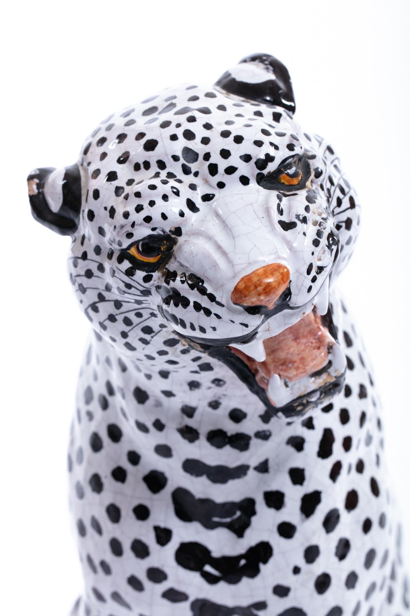 Italian Hollywood Regency Hand Painted Ceramic White Snow Leopard, circa 1960