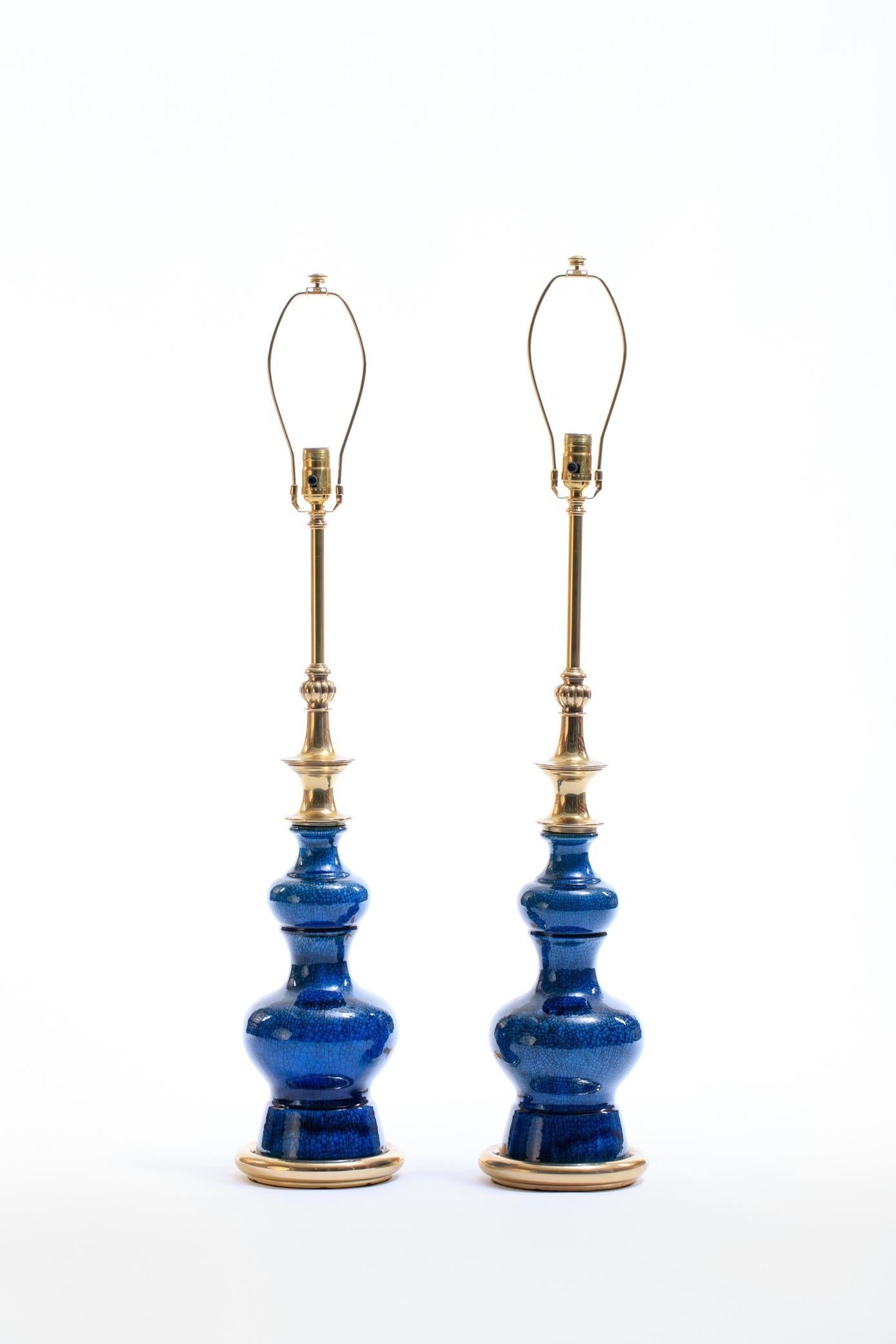 Pair of 1960s Blue Ceramic and Brass Stiffel Lamps in Asian Modern Style