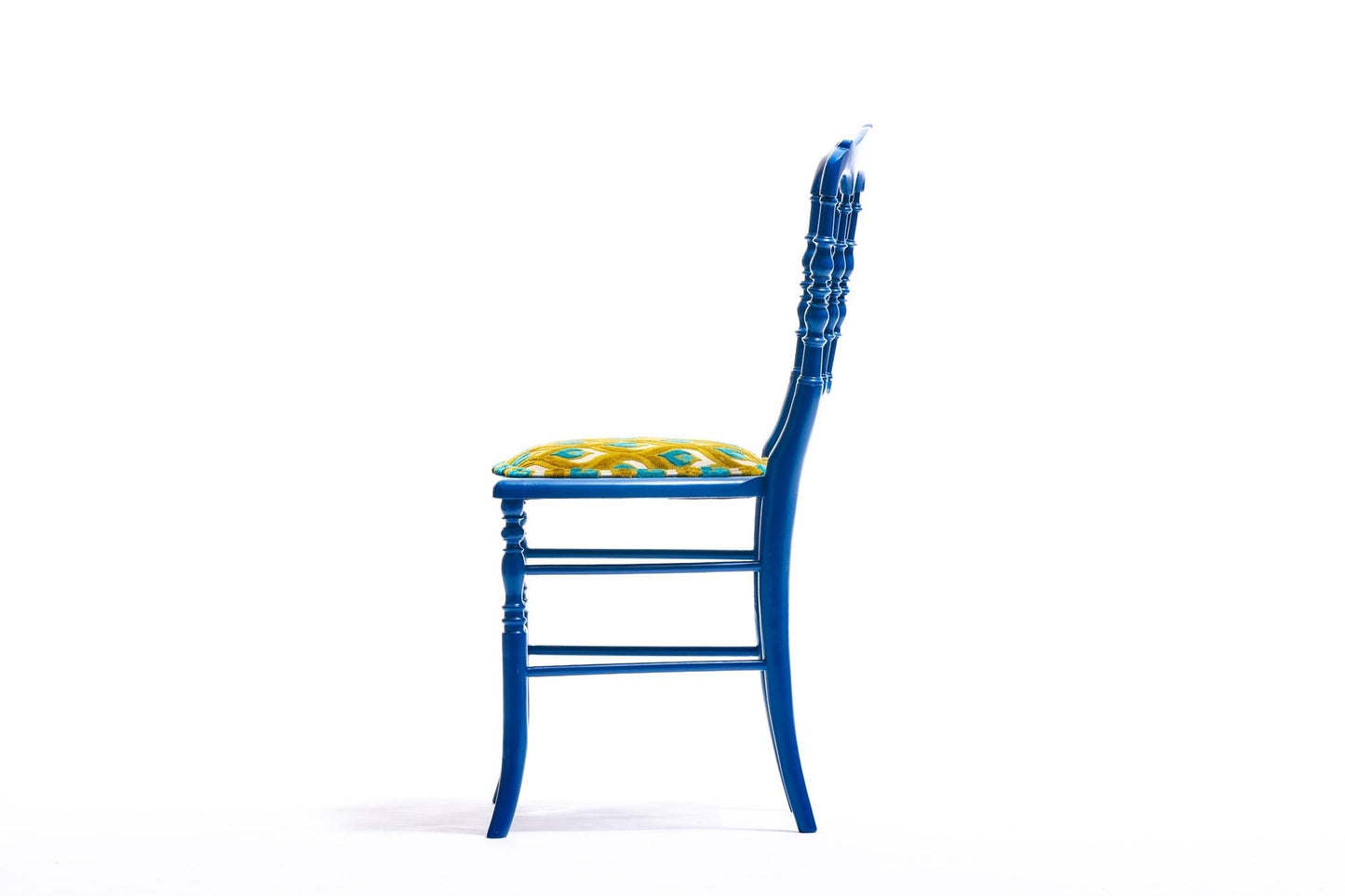 Blue Lacquered Chiavari Side Chair with Peacock Feathers in Cut Velvet