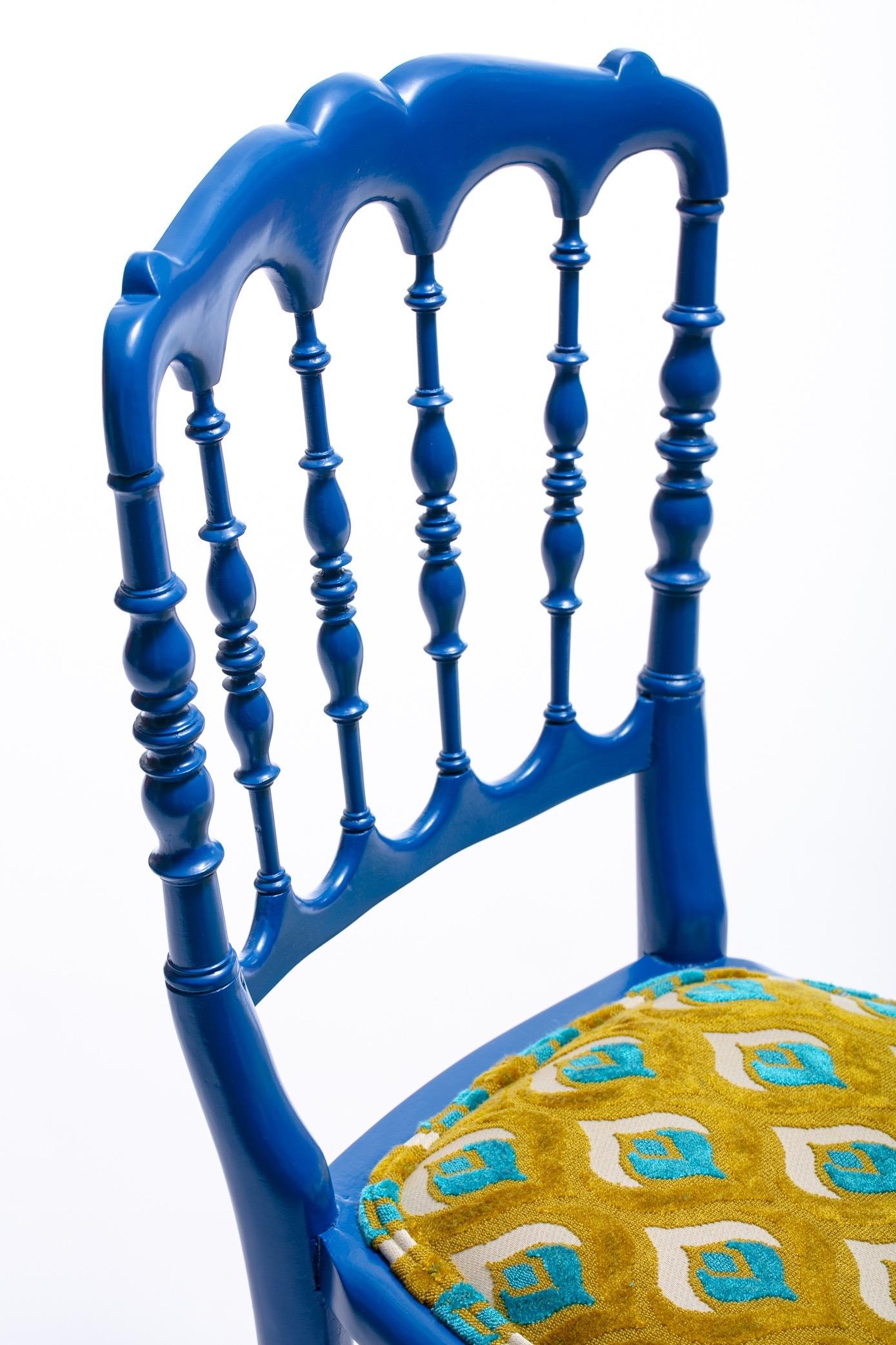Blue Lacquered Chiavari Side Chair with Peacock Feathers in Cut Velvet
