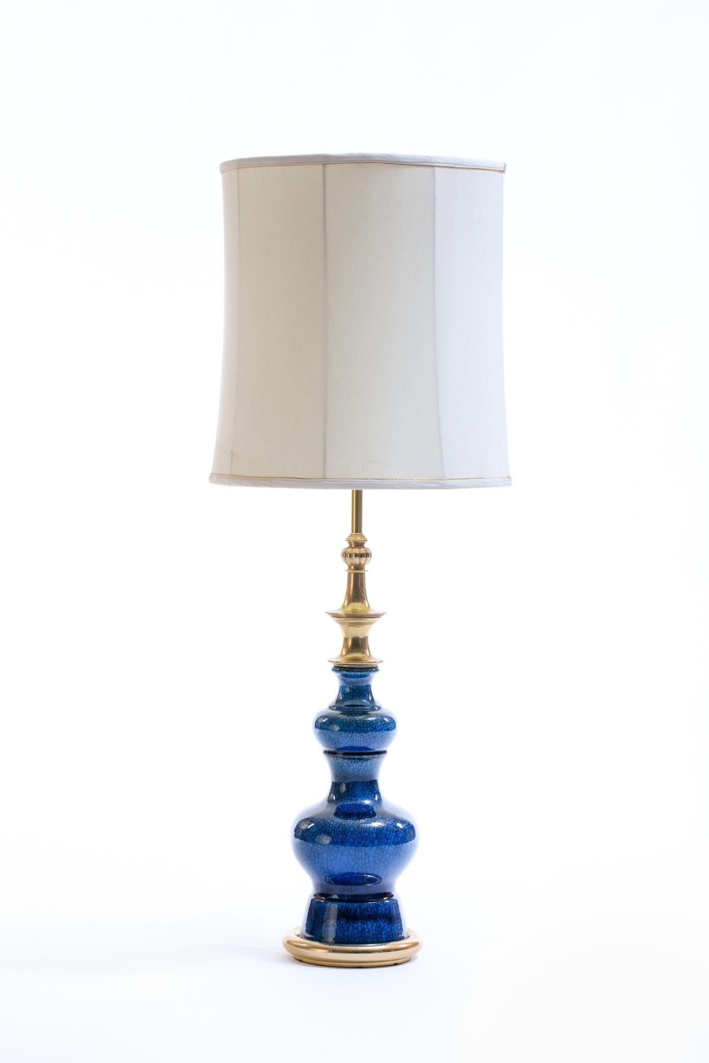Pair of 1960s Blue Ceramic and Brass Stiffel Lamps in Asian Modern Style