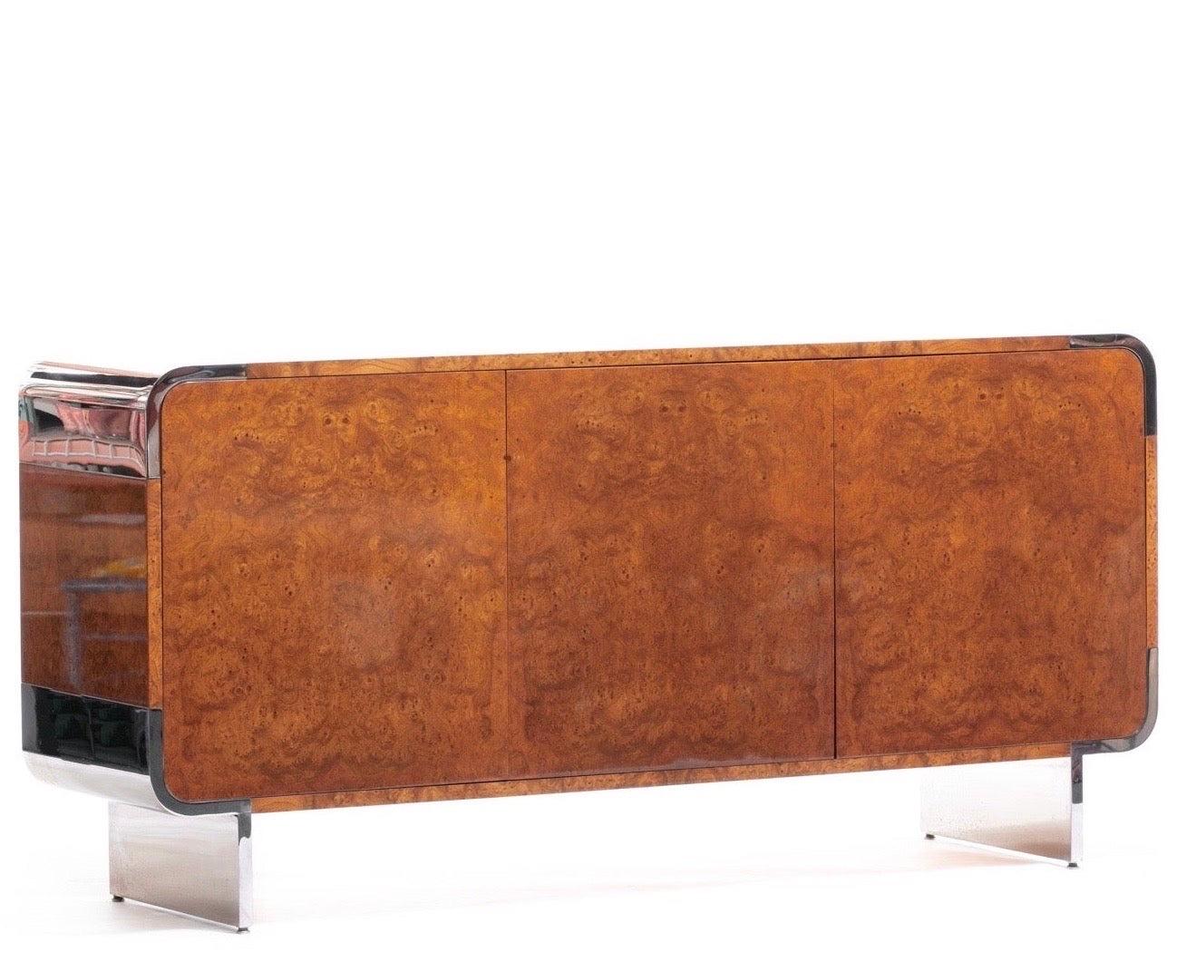 Pace Burl Wood and Chrome Credenza by Leon Rosen, circa 1974