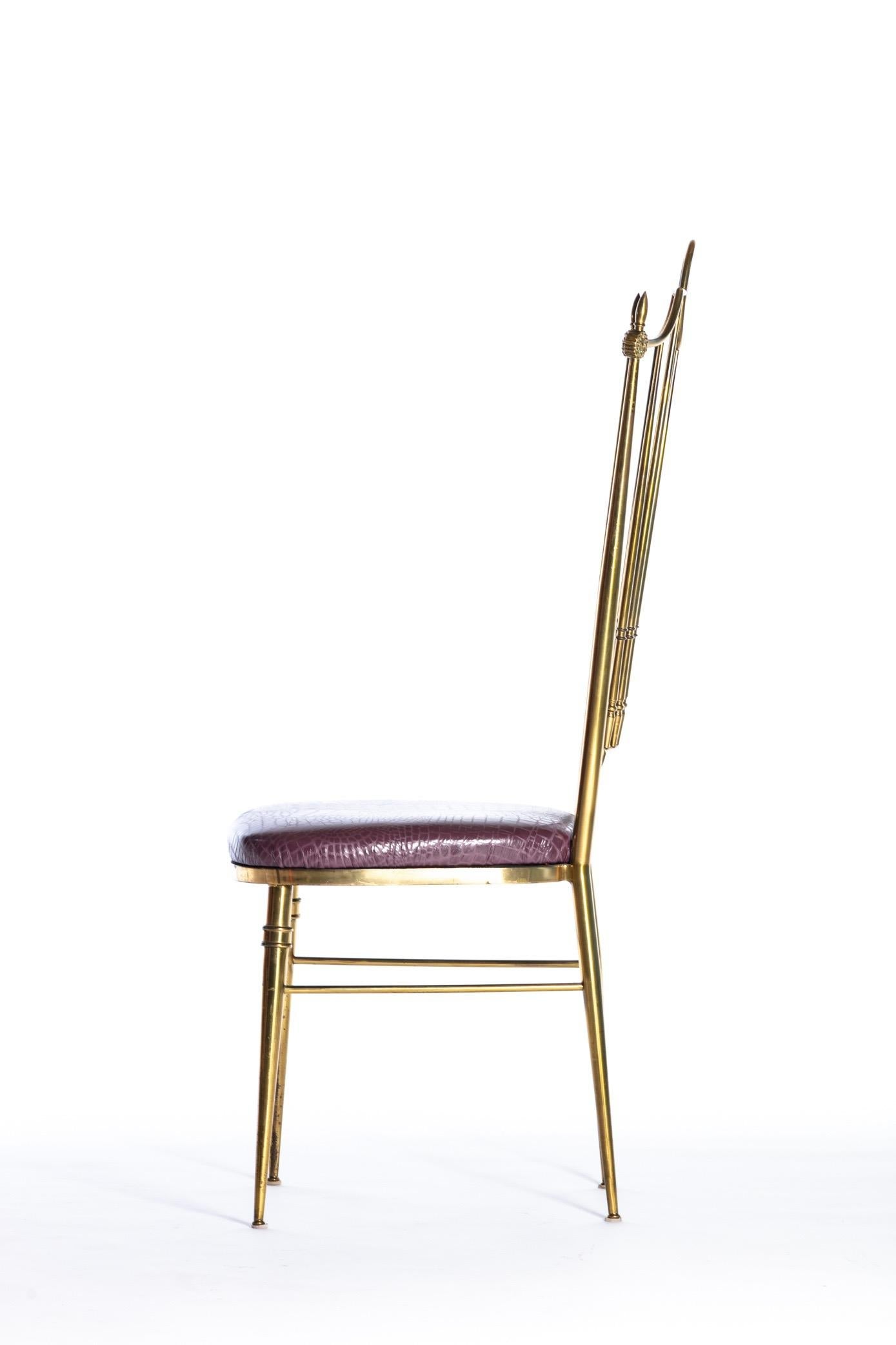 Pair of Italian Brass Chiavari Side Chairs with Aubergine Crocodile Leather