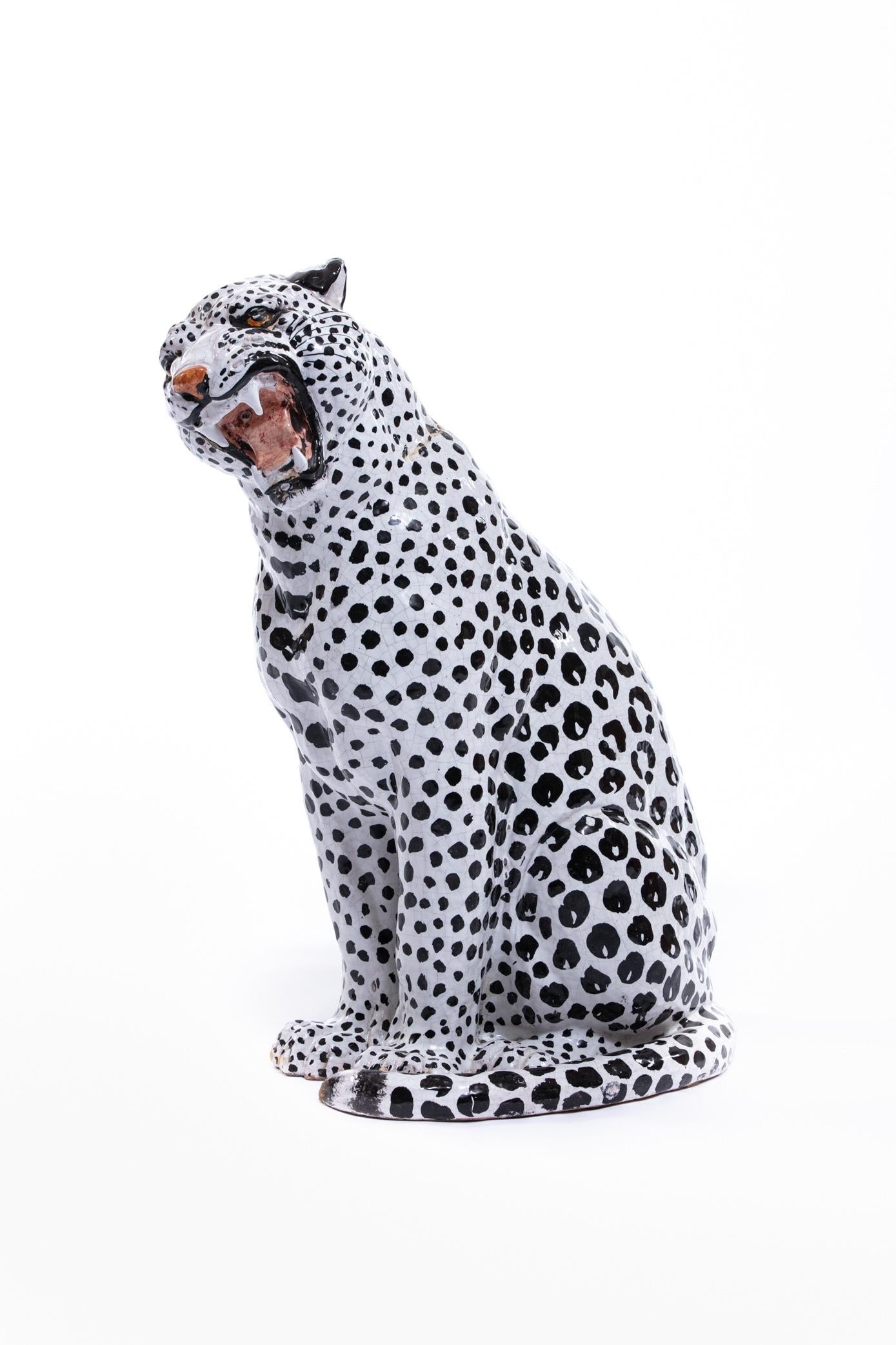 Italian Hollywood Regency Hand Painted Ceramic White Snow Leopard, circa 1960
