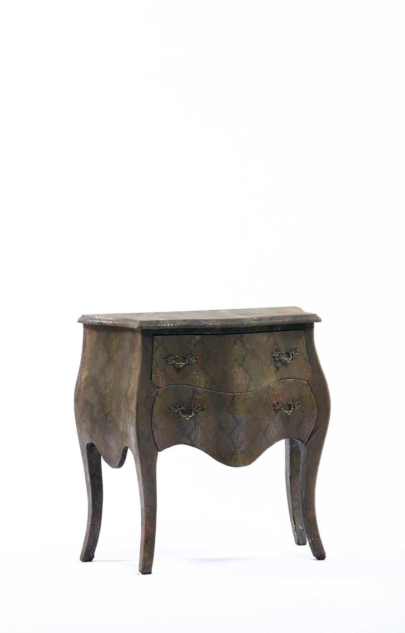 Louis XV Style Bombé Commode Wrapped in Olive Green Faux Snakeskin