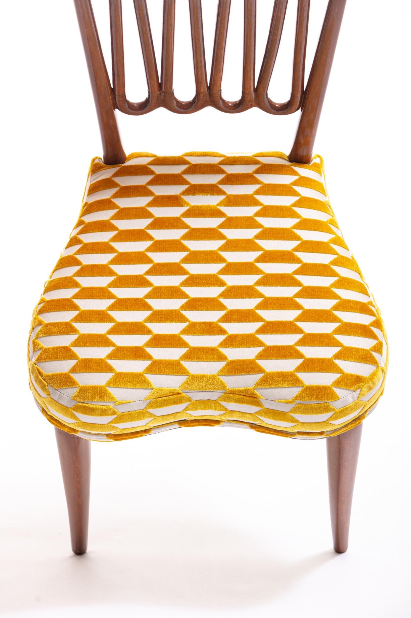 Italian Midcentury Side Chair after Gio Ponti with Gold and Ivory Cut Velvet