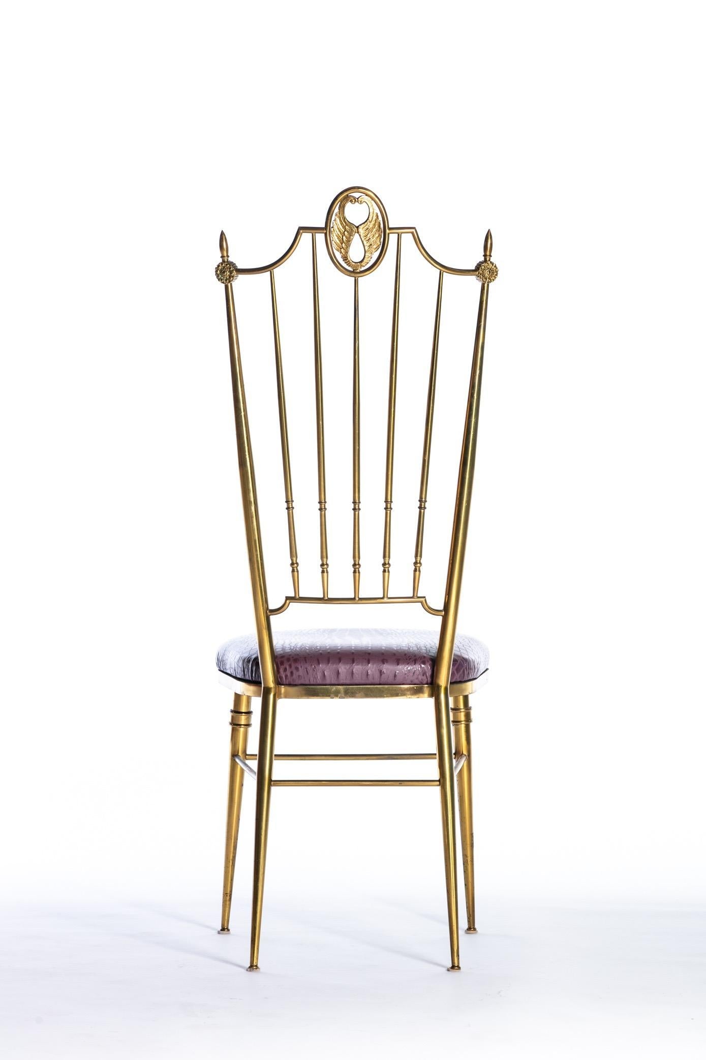 Pair of Italian Brass Chiavari Side Chairs with Aubergine Crocodile Leather