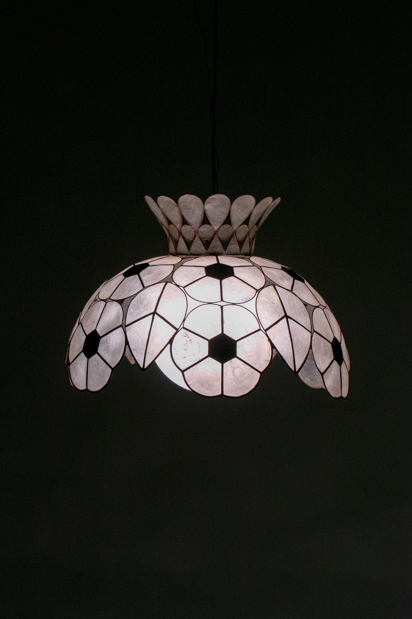 Feldman White Capiz Shell and Brass Floral Themed Pendant Light 'Pair Available'