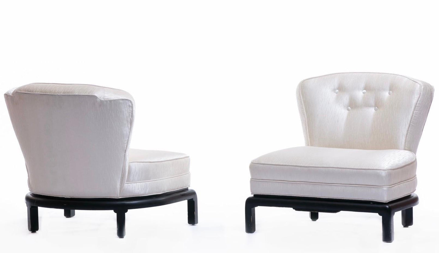 Baker Ivory Satin Slipper Chairs Attributed to Michael Taylor, circa 1950s, Pair