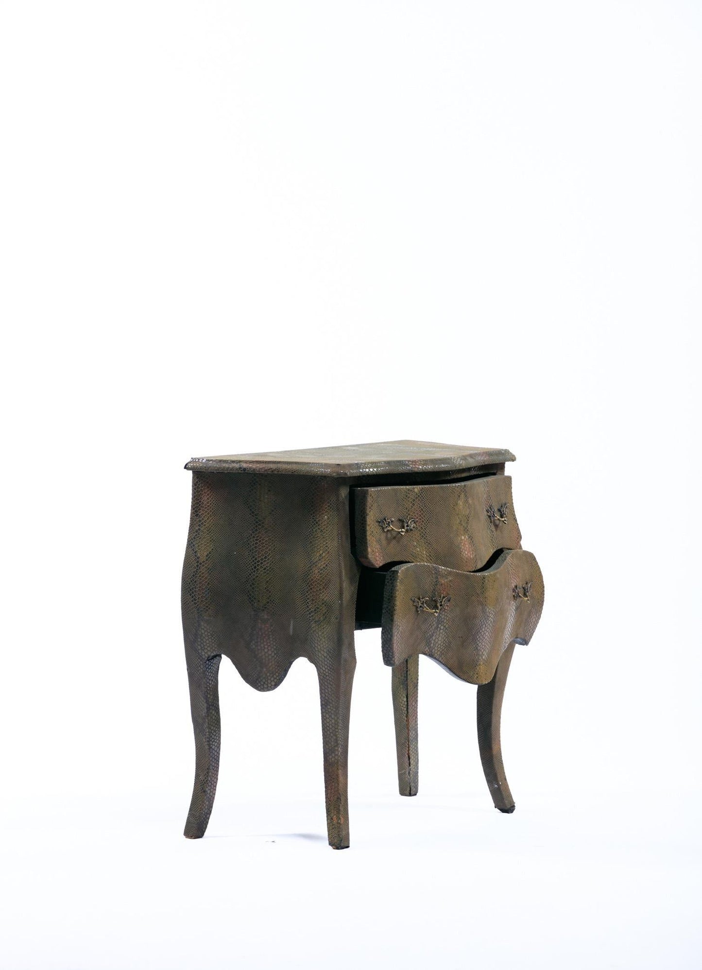 Louis XV Style Bombé Commode Wrapped in Olive Green Faux Snakeskin