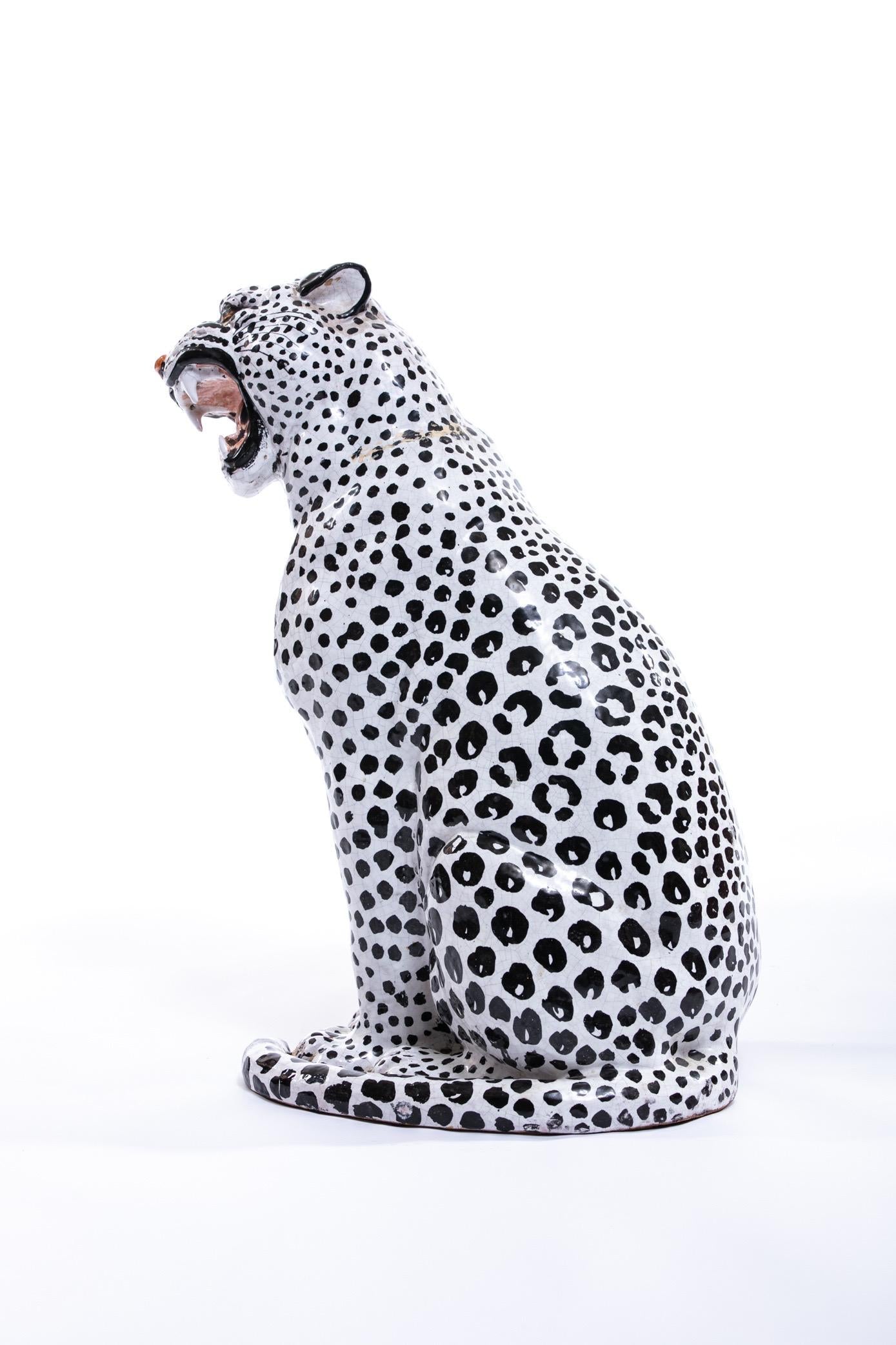 Italian Hollywood Regency Hand Painted Ceramic White Snow Leopard, circa 1960