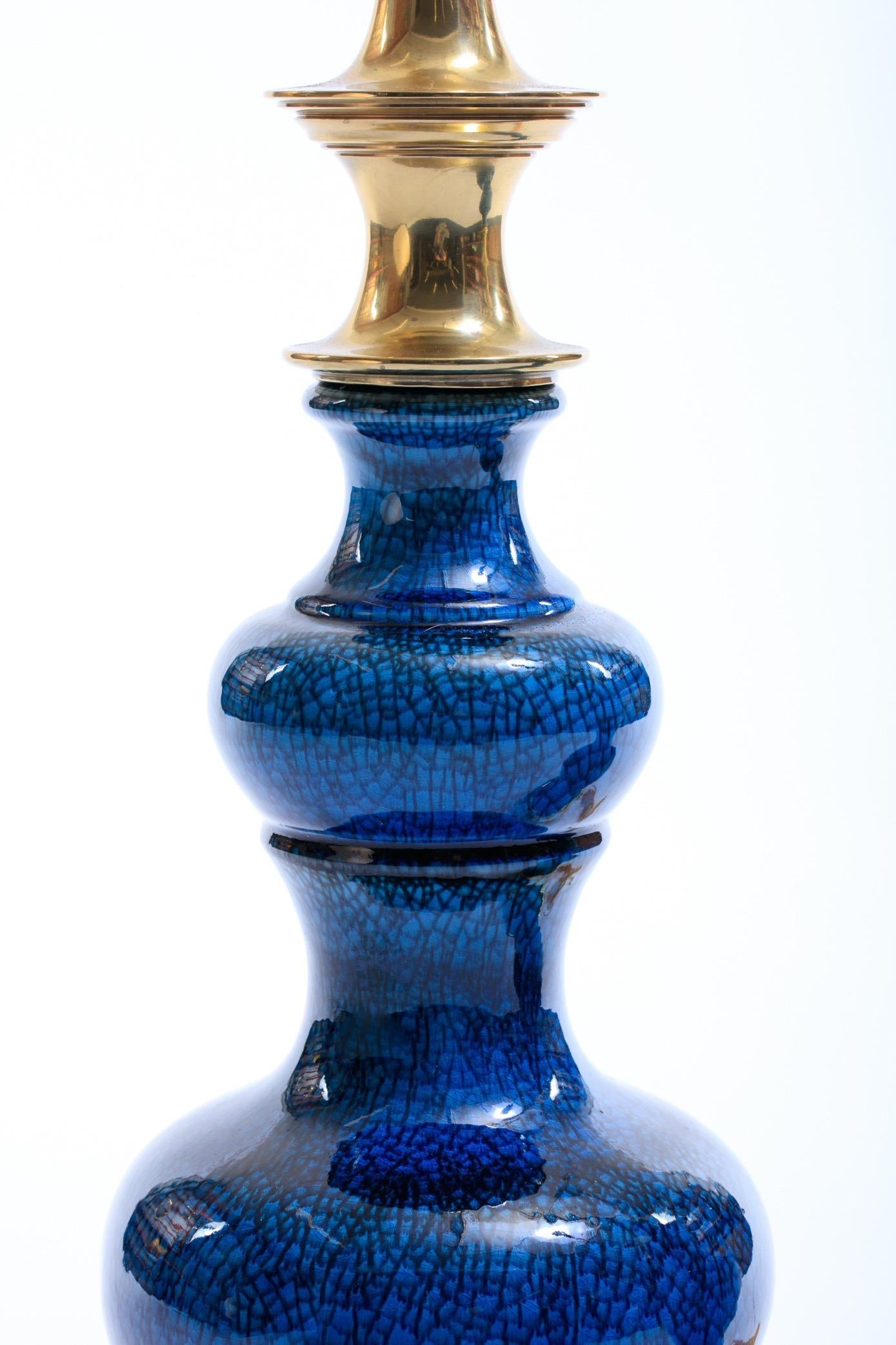 Pair of 1960s Blue Ceramic and Brass Stiffel Lamps in Asian Modern Style
