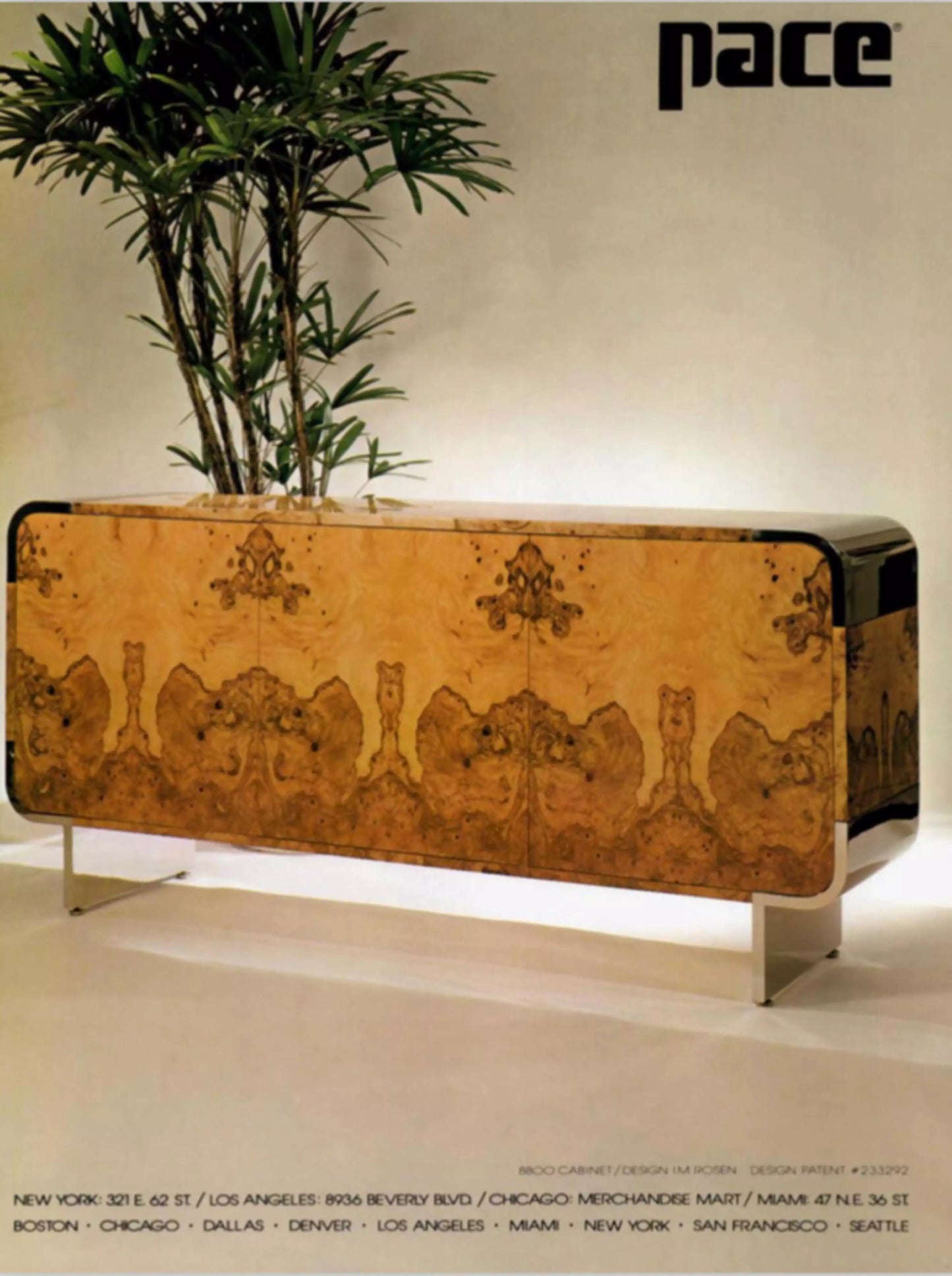 Pace Burl Wood and Chrome Credenza by Leon Rosen, circa 1974
