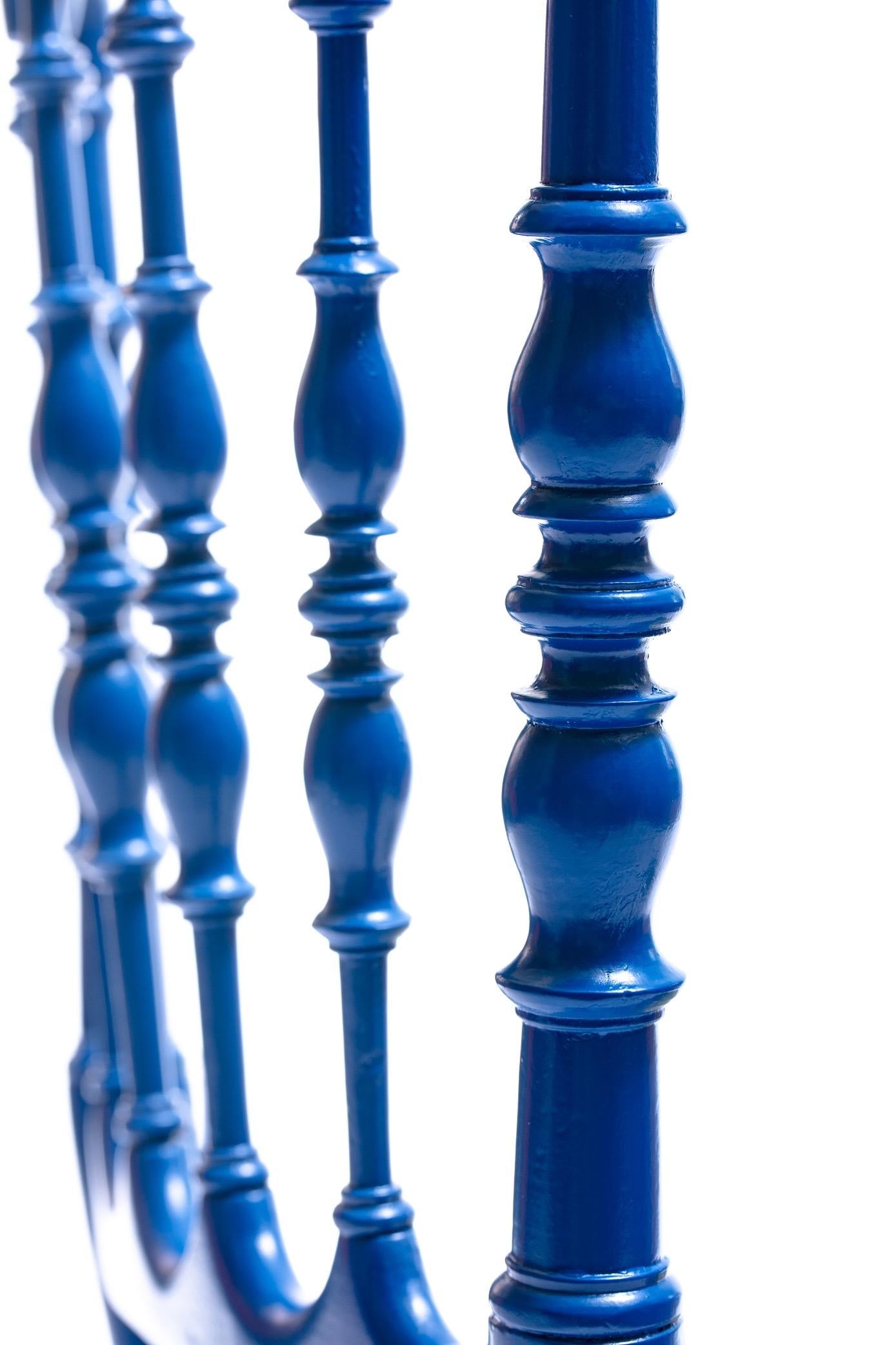 Blue Lacquered Chiavari Side Chair with Peacock Feathers in Cut Velvet