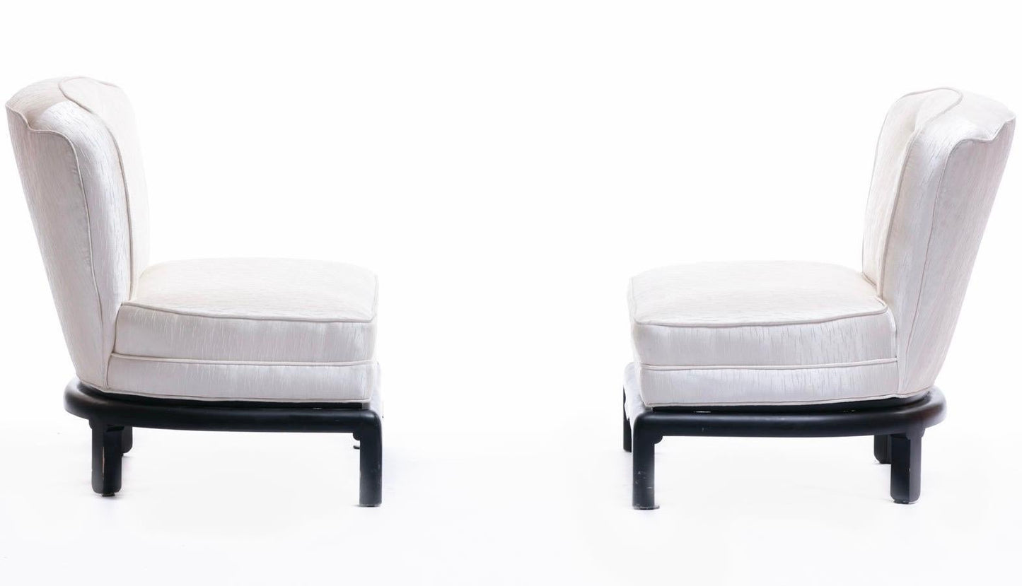 Baker Ivory Satin Slipper Chairs Attributed to Michael Taylor, circa 1950s, Pair