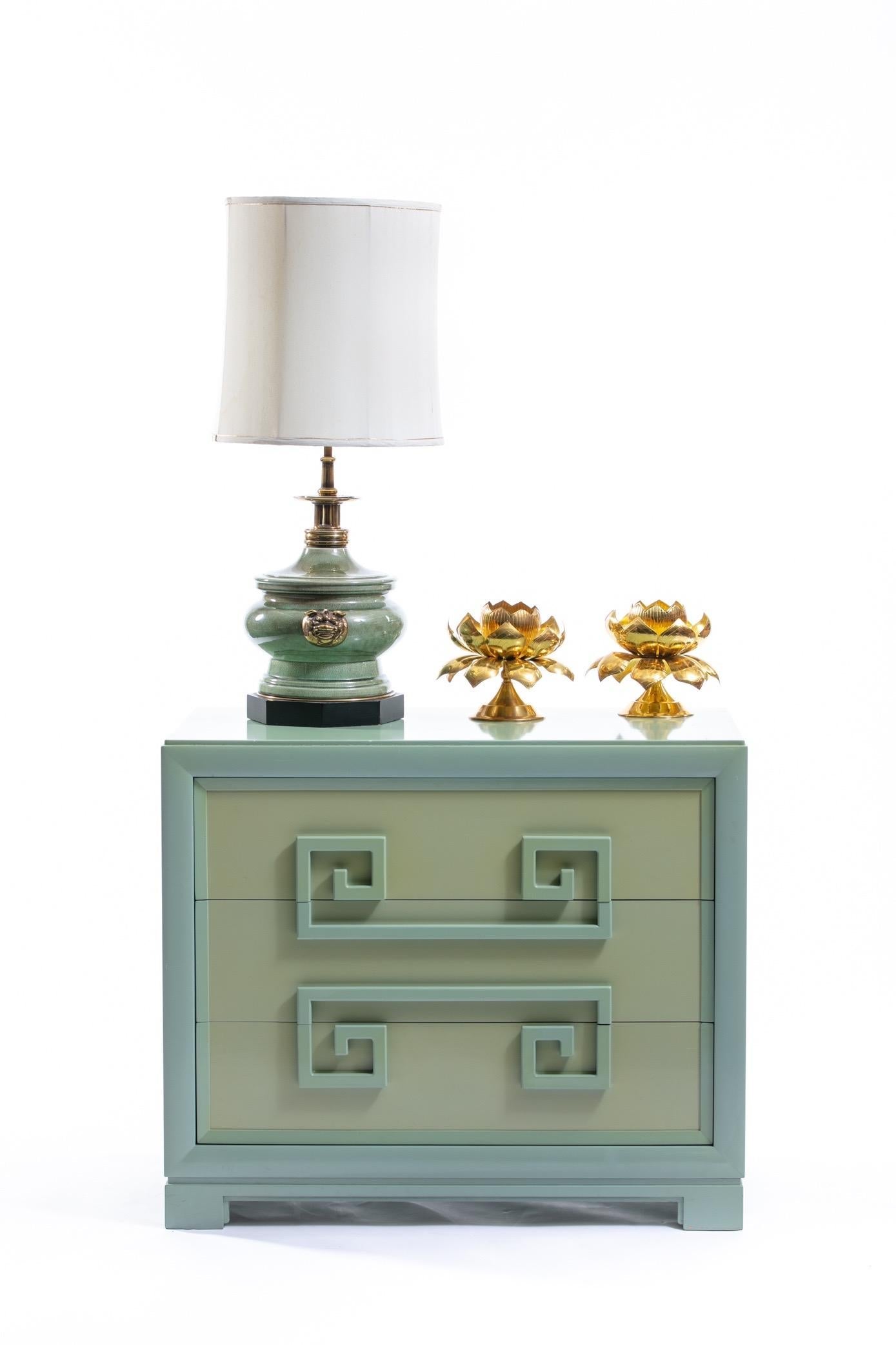 Stiffel Large Chinoiserie Ceramic and Brass Dragon / Foo Dog Lamps by Edwin Cole