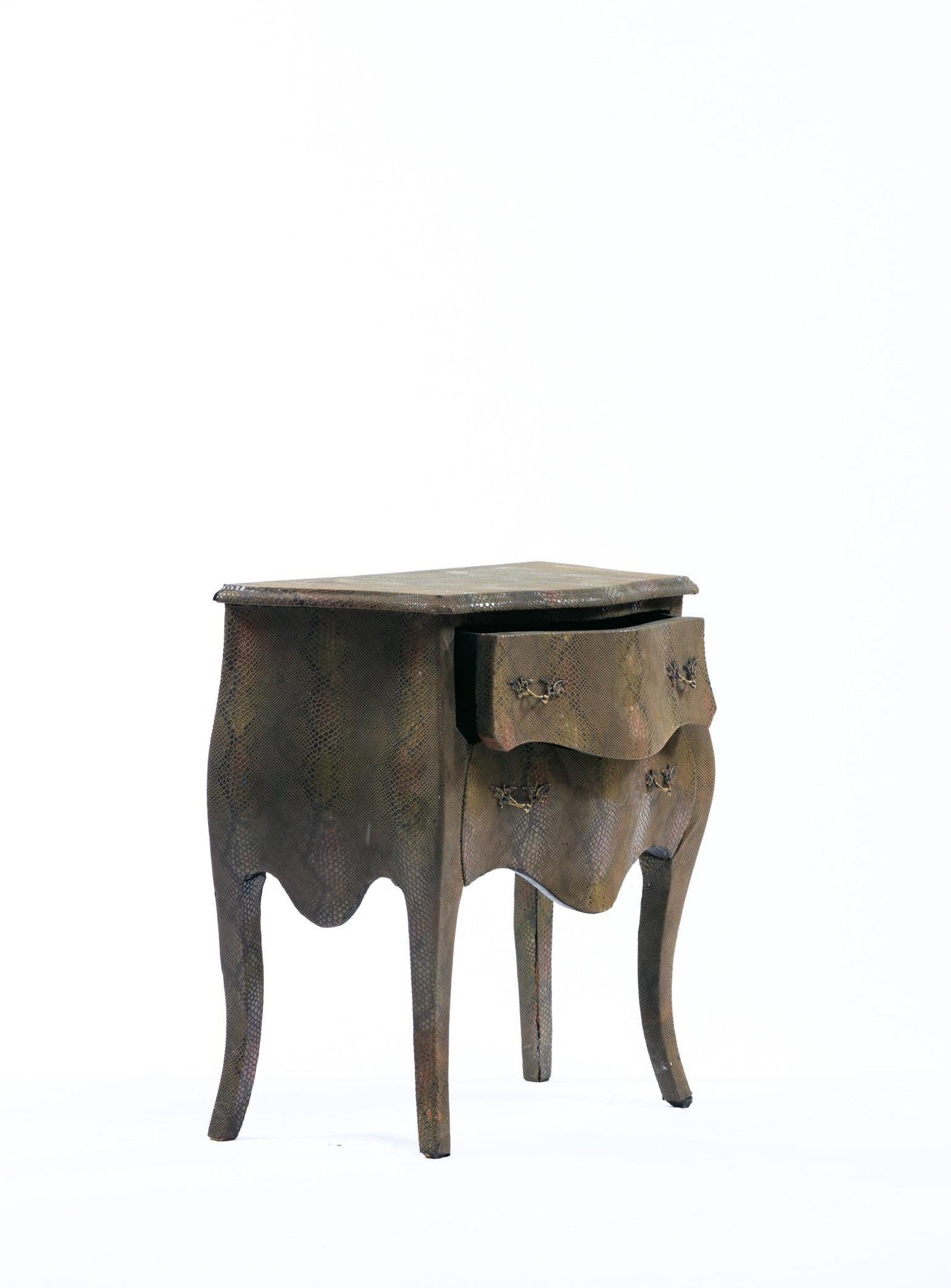 Louis XV Style Bombé Commode Wrapped in Olive Green Faux Snakeskin